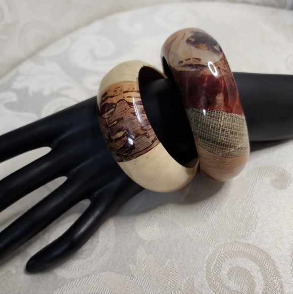 VINTAGE RESIN WOOD BANGLE SET EARTH TONE CHUNKY STATEMENT HIPPIE BOHO - Picture 13 of 16